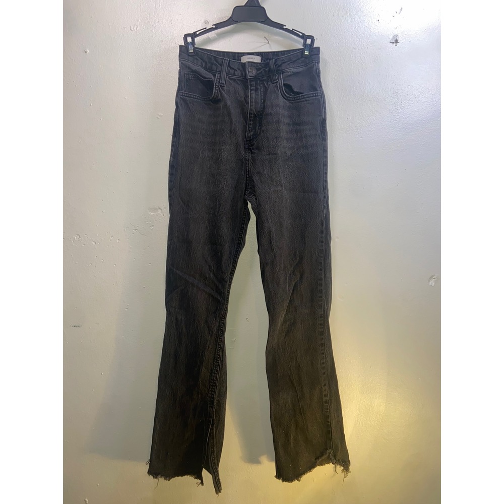 Forever 21 Grunge Boho Y2K High Rise Flare Jeans Washed‎ Black Raw Hem Side Slit